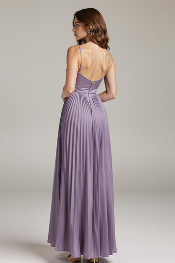 Light Purple Pleated Satin A Line Long Evening Dress